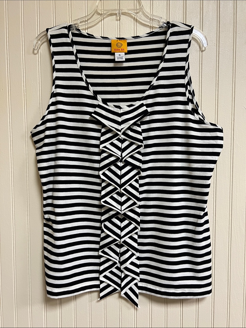 Ruby Rd. Black & White Striped Sleeveless Tank with Front Ruffle Detail